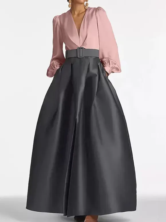 Evening Dress Princess Silhouette V-Neck Floor-Length Long Sleeves Zipper Sash Satin Fabric Formal Party Dresses