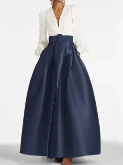 Evening Dress Princess Silhouette V-Neck Floor-Length Long Sleeves Zipper Sash Satin Fabric Formal Party Dresses