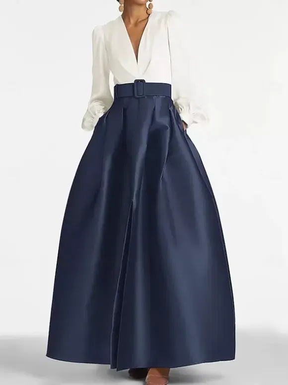 Evening Dress Princess Silhouette V-Neck Floor-Length Long Sleeves Zipper Sash Satin Fabric Formal Party Dresses
