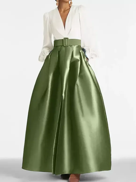 Evening Dress Princess Silhouette V-Neck Floor-Length Long Sleeves Zipper Sash Satin Fabric Formal Party Dresses