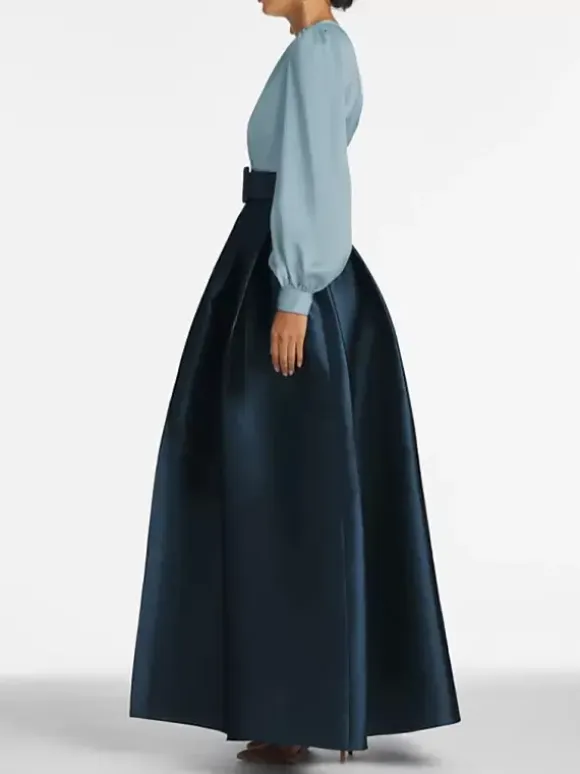 Evening Dress Princess Silhouette V-Neck Floor-Length Long Sleeves Zipper Sash Satin Fabric Formal Party Dresses