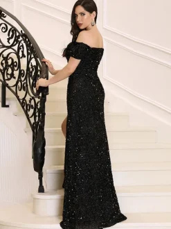 Evening Dress Sheath Bateau Neck Floor-Length Short Sleeves Zipper Sequined Social Party Dresses
