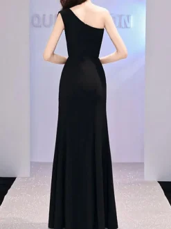 Evening Dress Sheath One-Shoulder Floor-Length Sleeveless Zipper Satin Fabric Formal Party Dresses