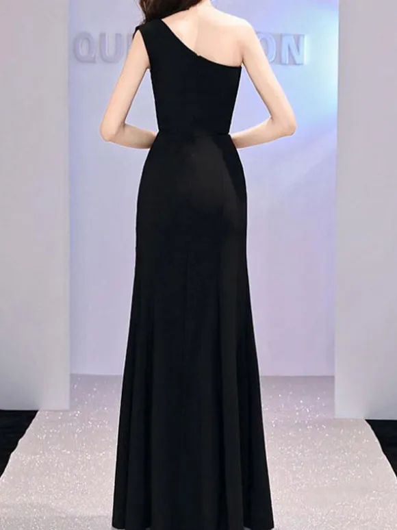 Evening Dress Sheath One-Shoulder Floor-Length Sleeveless Zipper Satin Fabric Formal Party Dresses