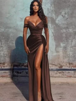Evening Dress Sheath V-Neck Satin Fabric Floor-Length Formal Dinner Dresses