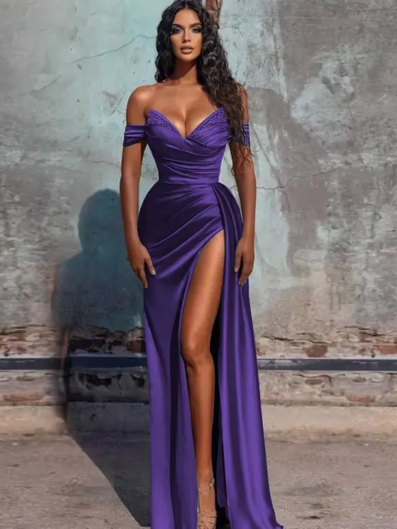 Evening Dress Sheath V-Neck Satin Fabric Floor-Length Formal Dinner Dresses