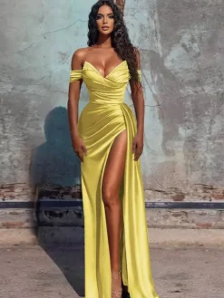 Evening Dress Sheath V-Neck Satin Fabric Floor-Length Formal Dinner Dresses