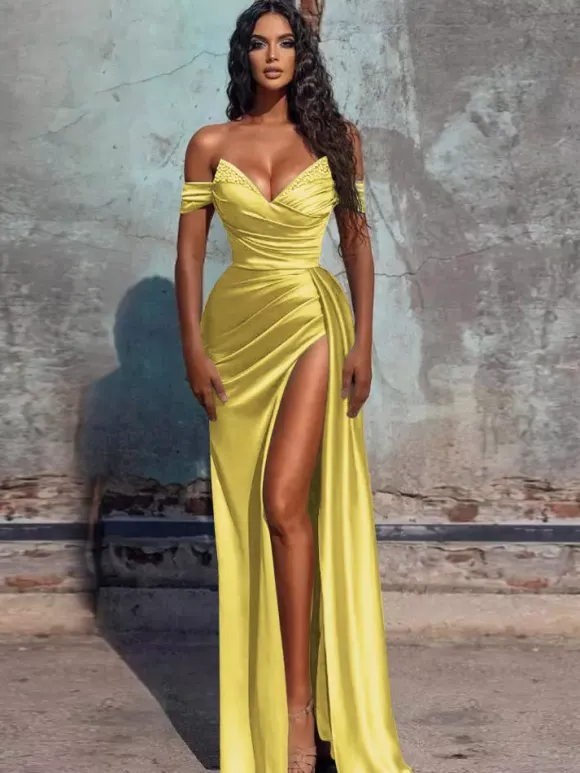 Evening Dress Sheath V-Neck Satin Fabric Floor-Length Formal Dinner Dresses