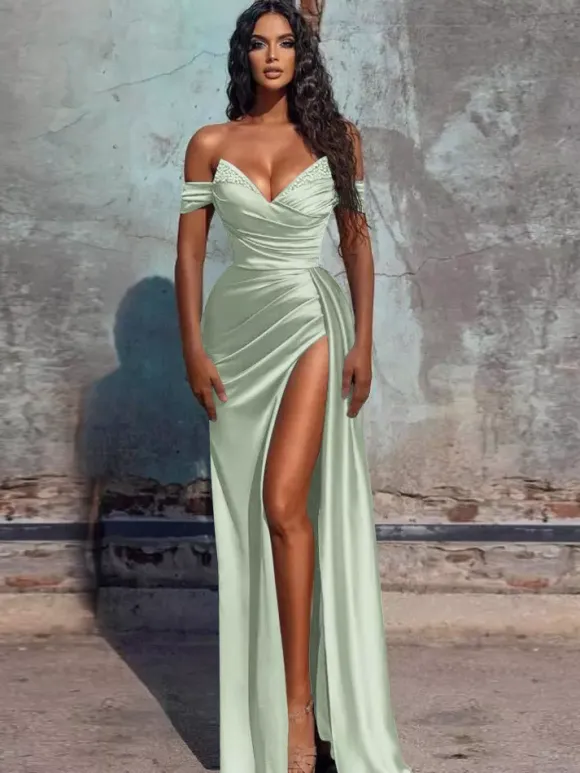Evening Dress Sheath V-Neck Satin Fabric Floor-Length Formal Dinner Dresses