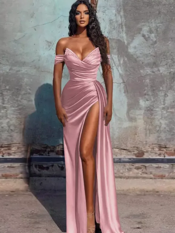 Evening Dress Sheath V-Neck Satin Fabric Floor-Length Formal Dinner Dresses