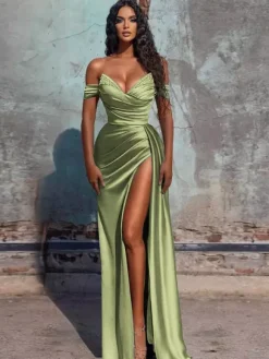 Evening Dress Sheath V-Neck Satin Fabric Floor-Length Formal Dinner Dresses