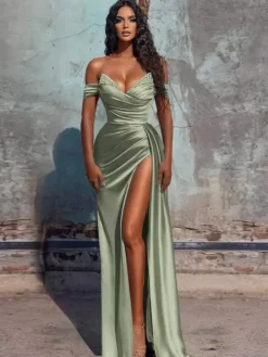 Evening Dress Sheath V-Neck Satin Fabric Floor-Length Formal Dinner Dresses