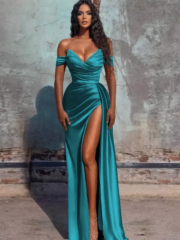 Evening Dress Sheath V-Neck Satin Fabric Floor-Length Formal Dinner Dresses