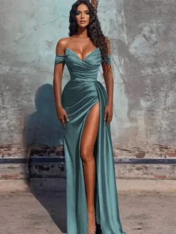 Evening Dress Sheath V-Neck Satin Fabric Floor-Length Formal Dinner Dresses
