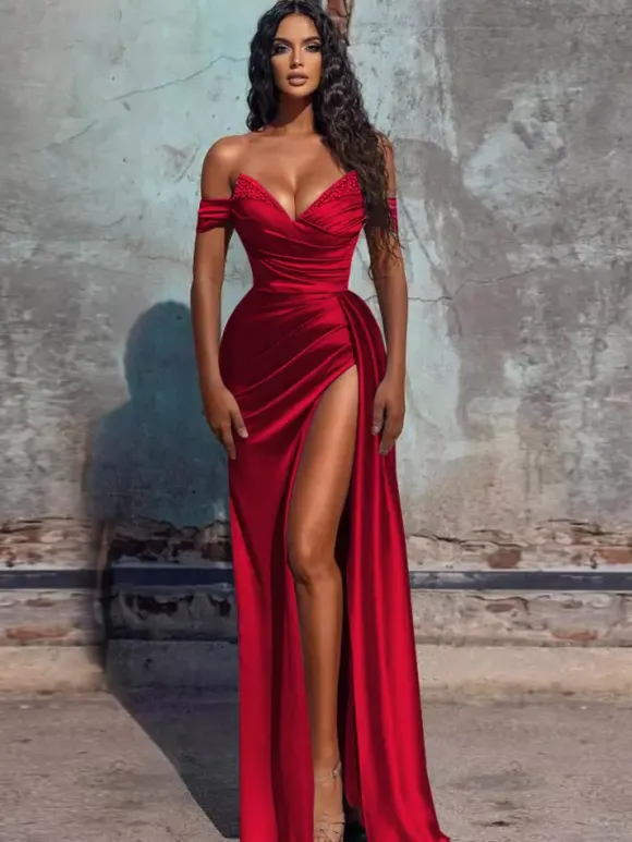 Evening Dress Sheath V-Neck Satin Fabric Floor-Length Formal Dinner Dresses