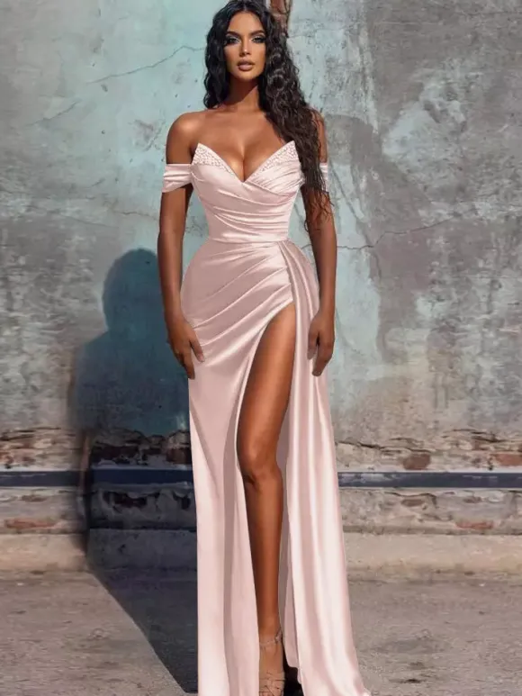 Evening Dress Sheath V-Neck Satin Fabric Floor-Length Formal Dinner Dresses