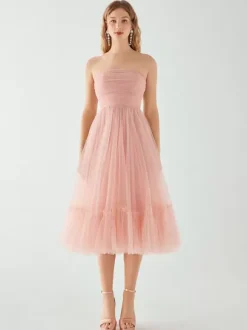 Evening Dress Short Strapless Tea-Length Sleeveless Zipper Pleated Tulle Social Pageant Dresses