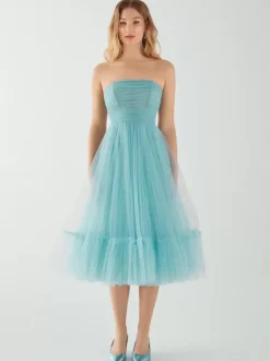 Evening Dress Short Strapless Tea-Length Sleeveless Zipper Pleated Tulle Social Pageant Dresses