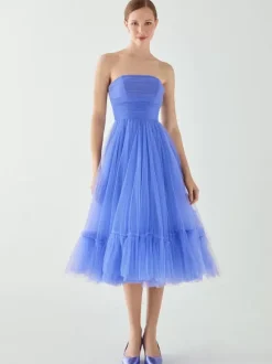 Evening Dress Short Strapless Tea-Length Sleeveless Zipper Pleated Tulle Social Pageant Dresses