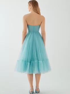 Evening Dress Short Strapless Tea-Length Sleeveless Zipper Pleated Tulle Social Pageant Dresses