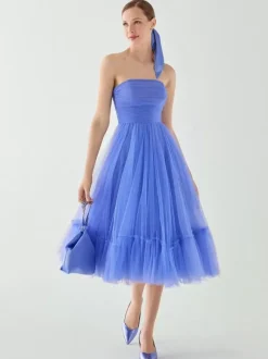 Evening Dress Short Strapless Tea-Length Sleeveless Zipper Pleated Tulle Social Pageant Dresses