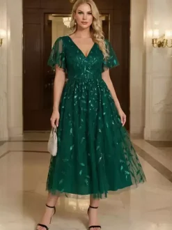 Evening Dress Short V-Neck Tea-Length Short Sleeves Zipper Sequins Sequined Social Pageant Dresses