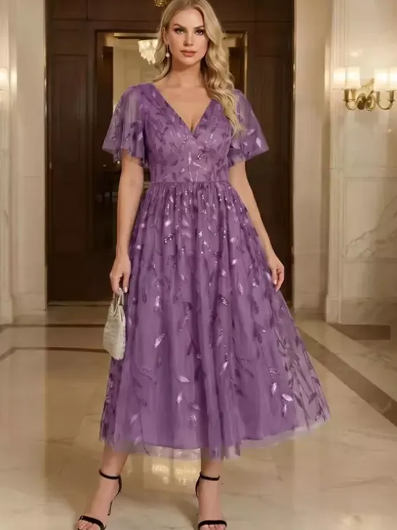 Evening Dress Short V-Neck Tea-Length Short Sleeves Zipper Sequins Sequined Social Pageant Dresses
