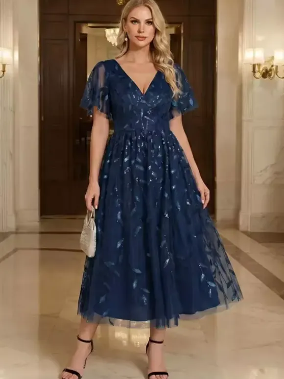 Evening Dress Short V-Neck Tea-Length Short Sleeves Zipper Sequins Sequined Social Pageant Dresses