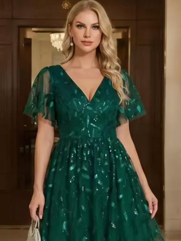 Evening Dress Short V-Neck Tea-Length Short Sleeves Zipper Sequins Sequined Social Pageant Dresses