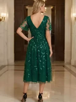 Evening Dress Short V-Neck Tea-Length Short Sleeves Zipper Sequins Sequined Social Pageant Dresses