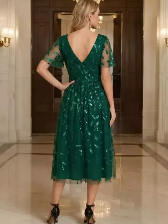 Evening Dress Short V-Neck Tea-Length Short Sleeves Zipper Sequins Sequined Social Pageant Dresses