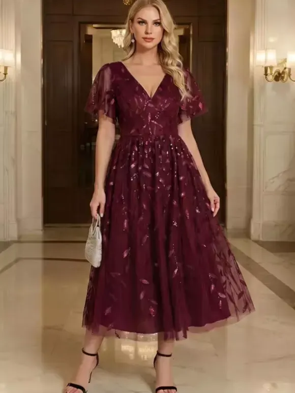 Evening Dress Short V-Neck Tea-Length Short Sleeves Zipper Sequins Sequined Social Pageant Dresses
