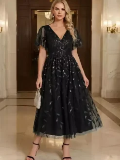 Evening Dress Short V-Neck Tea-Length Short Sleeves Zipper Sequins Sequined Social Pageant Dresses
