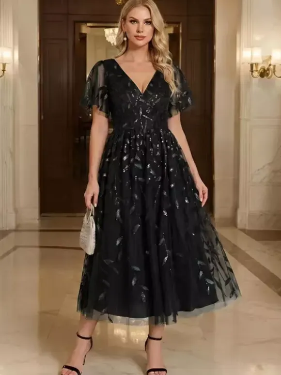Evening Dress Short V-Neck Tea-Length Short Sleeves Zipper Sequins Sequined Social Pageant Dresses