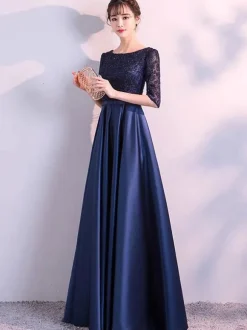 Evening Dresses Dark Navy Long Prom Dress Lace Satin Bow Sash Half Sleeve Formal Gowns Wedding Guest Dresses Free Customization