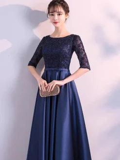 Evening Dresses Dark Navy Long Prom Dress Lace Satin Bow Sash Half Sleeve Formal Gowns Wedding Guest Dresses Free Customization