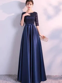 Evening Dresses Dark Navy Long Prom Dress Lace Satin Bow Sash Half Sleeve Formal Gowns Wedding Guest Dresses Free Customization