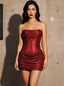 Evening Ready Burgundy Strapless Ruched Dress Stylish For Bar Hopping