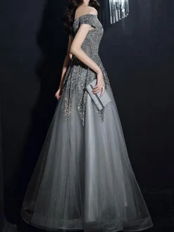 Evening Dress A-Line Bateau Neck Sequined Floor-Length Social Party Dresses