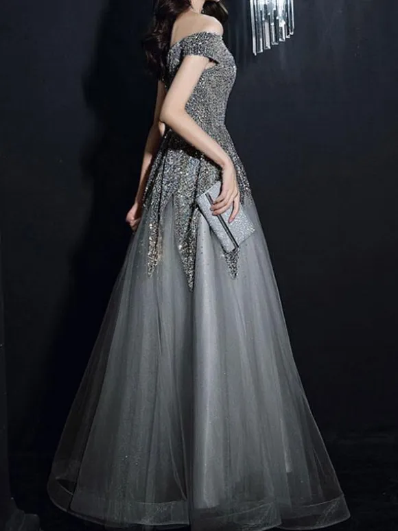 Evening Dress A-Line Bateau Neck Sequined Floor-Length Social Party Dresses