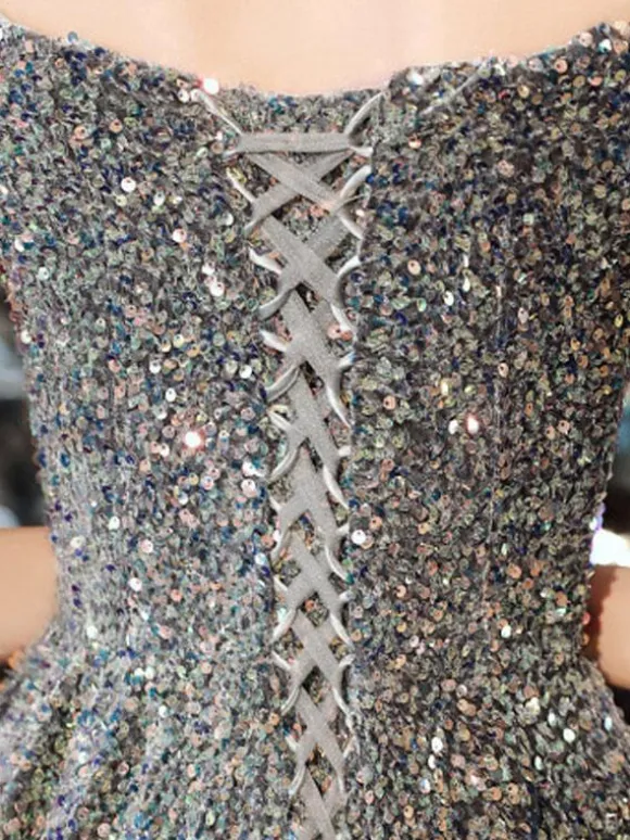 Evening Dress A-Line Bateau Neck Sequined Floor-Length Social Party Dresses