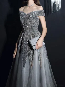 Evening Dress A-Line Bateau Neck Sequined Floor-Length Social Party Dresses