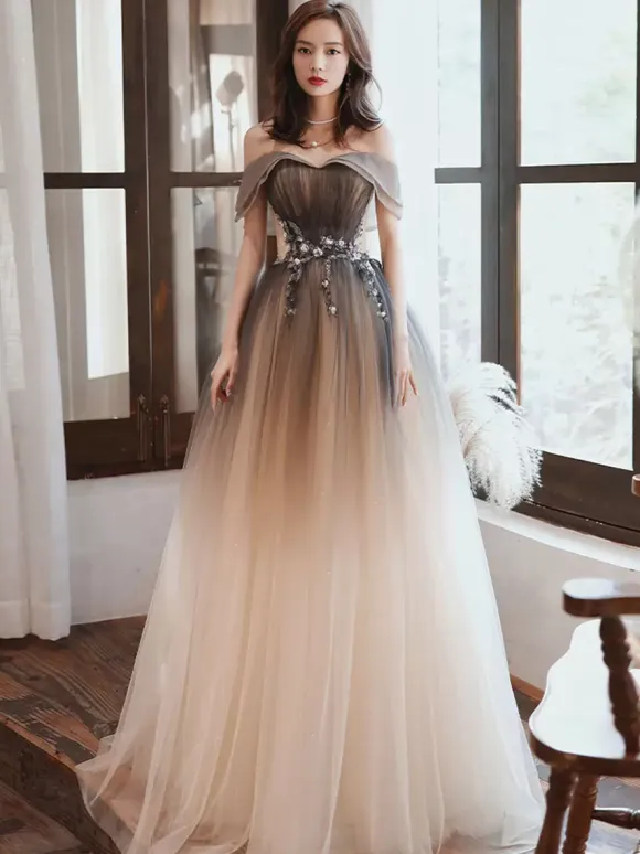 Evening Dress A-Line Bateau Neck Tulle Floor-Length Beaded Formal Dinner Dresses