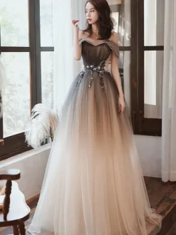 Evening Dress A-Line Bateau Neck Tulle Floor-Length Beaded Formal Dinner Dresses
