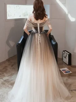 Evening Dress A-Line Bateau Neck Tulle Floor-Length Beaded Formal Dinner Dresses
