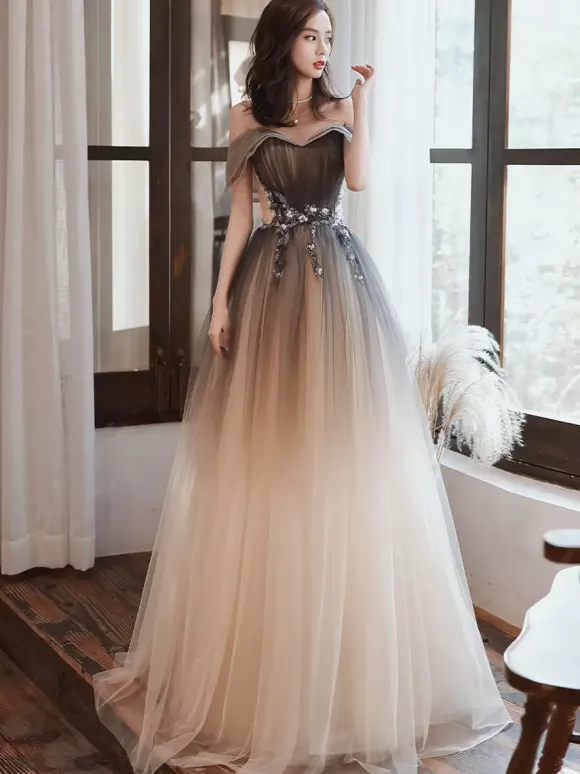 Evening Dress A-Line Bateau Neck Tulle Floor-Length Beaded Formal Dinner Dresses