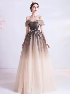 Evening Dress A-Line Bateau Neck Tulle Floor-Length Beaded Formal Dinner Dresses