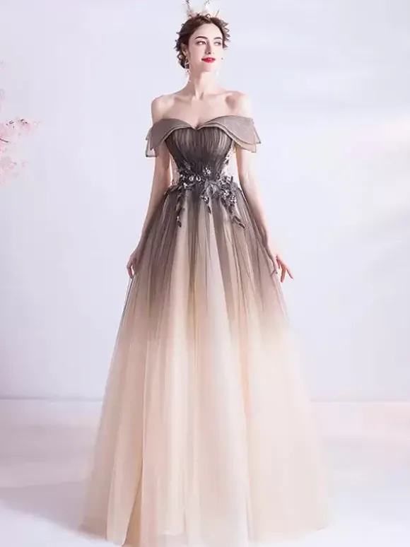 Evening Dress A-Line Bateau Neck Tulle Floor-Length Beaded Formal Dinner Dresses