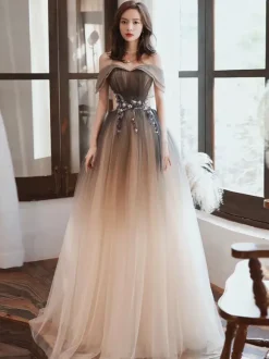 Evening Dress A-Line Bateau Neck Tulle Floor-Length Beaded Formal Dinner Dresses