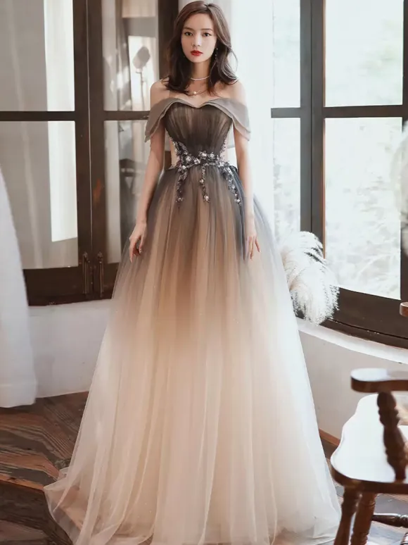 Evening Dress A-Line Bateau Neck Tulle Floor-Length Beaded Formal Dinner Dresses